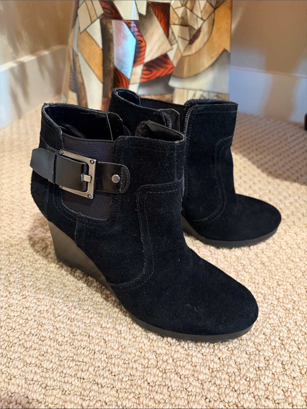 Franco Sarto Warrick Black Suede Wedge Ankle Boots - Sleek Buckle Detail